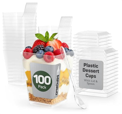 Plastic Dessert Cups with Lids and Spoons (100 Pack) – Single-Serve Parfait & Appetizer Cups, Spill-Resistant, Heavy-Duty Design, Ready-to-Use for Parties, Catering & Special Events BPA-Free - size: 100 Pack
