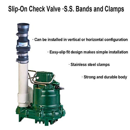 Plastic Sump Pump Check Valve with Stainless Steel Clamps for 1-1/2 inch or 1-1/4 inch