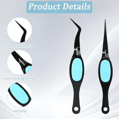 2 Pcs Reverse Tweezers for Crafting, Reverse Tweezers Precision Curved Bent Straight Tweezer with Soft Grip Stainless Steel Craft Crossing Lock Tweezer for Sticker DIY Jewelry Beading Nail Electronic
