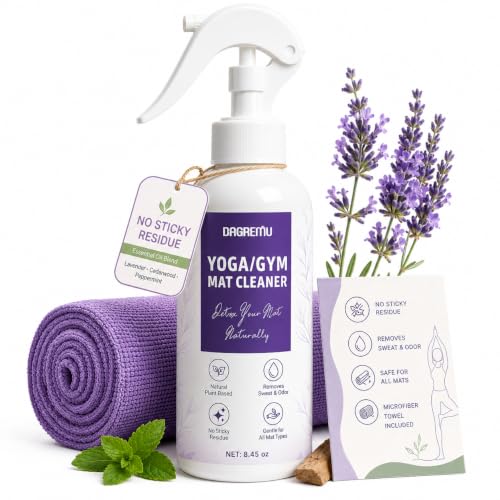 Yoga Mat Cleaner Spray - Powered By Essential Oil, Removes Sweat & Odor | Natural Plant Based | No Sticky Residue | Safe for All Mats(Yoga & Pilates)–Microfiber Towel Included (8.45oz, Lavender) - size: 8.45 Fl Oz (Pack of 1)