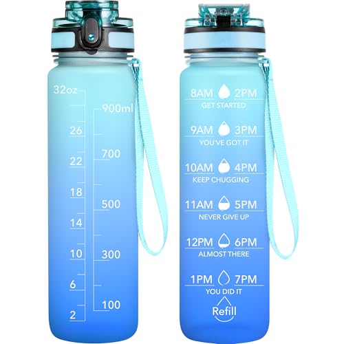 OLDLEY Water Bottle, 32oz Motivational Sports Water Bottle with Time Marker - Times to Drink - Tritan, BPA Free, Wide Mouth Leakproof,Sky - color: Sky, size: 32 Ounces