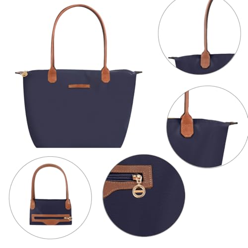 Waterproof Nylon Tote bag for Women Lightweight Designer Handbag with Zipper Stylish and Durable Purse - color: Navy, size: Medium