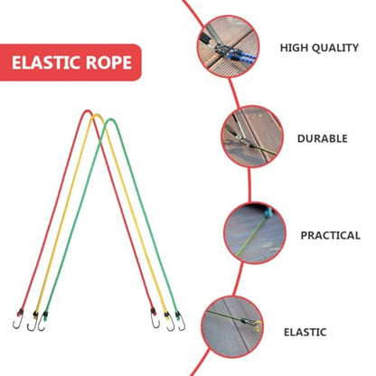 ULTECHNOVO 6pcs Outdoor Elastic Bungee Cords with Hooks 1.2m Long 8mm Thick Multi-Functional Tent Fixing Straps and Luggage Tie Rope Set (Yellow, Red, Green)