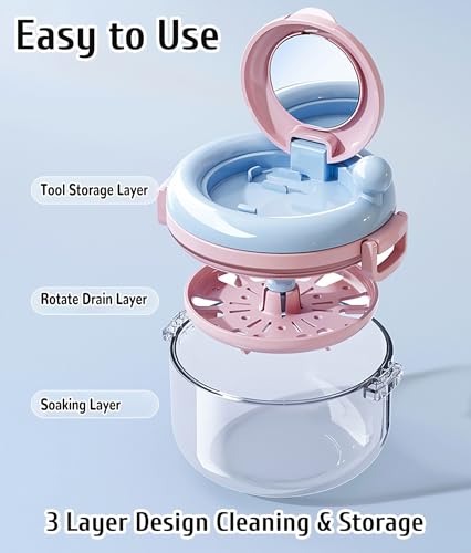 MURRI&MURRDI Denture Bath Box for Travel, 2 in 1 Retainer Cleaning Case with Mirror, No-Leak Mouth Guard Container, Rotatable Denture Containers for Soaking Night Guard Case (A Pink)