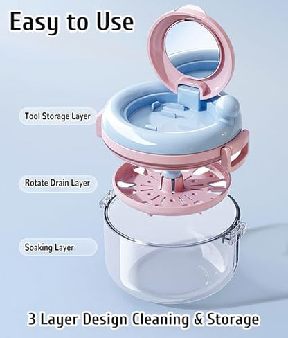 MURRI&MURRDI Denture Bath Box for Travel, 2 in 1 Retainer Cleaning Case with Mirror, No-Leak Mouth Guard Container, Rotatable Denture Containers for Soaking Night Guard Case (A Pink)