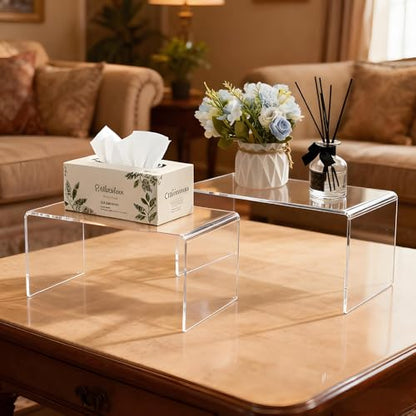 2 Pcs Extra Large Acrylic Display Risers, Clear Rectangular Shelf Stands 5mm Thick for Showcasing Collectibles and Decorative Displays (13*6*7.8)