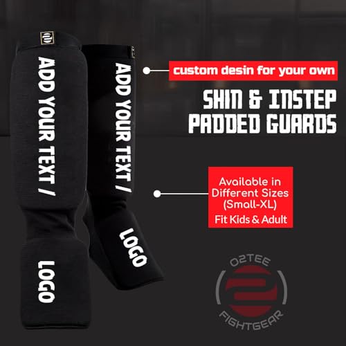 O2TEE Custom MMA Shin Pads Make Your Own Protective Shin Guards for Muay Thai Kickboxing Sparring and Training, for Adults, Kids, and Youth - color: black