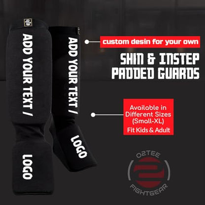 O2TEE Custom MMA Shin Pads Make Your Own Protective Shin Guards for Muay Thai Kickboxing Sparring and Training, for Adults, Kids, and Youth - color: black