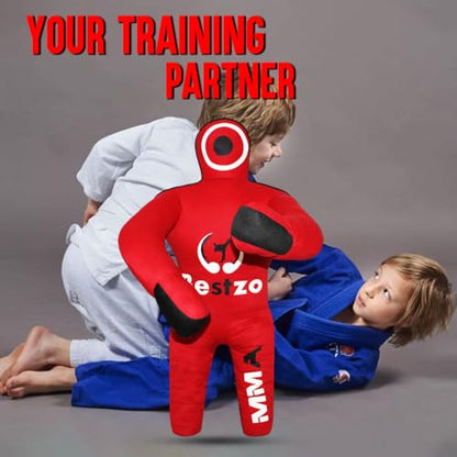 Bestzo Kids MMA Grappling Dummy - Unfilled Canvas Wrestling & BJJ Training Partner for Karate, Judo & Boxing (48-Inch) - color: Black Red