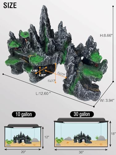 Large Fish Tank Decoration - Mountain View Aquarium Ornament Accessories with Tree House,Caves,Hideout,Hideaway,for 40 Gallon Fish Tank, Artificial Rock aquascaping Fish Tank Décor