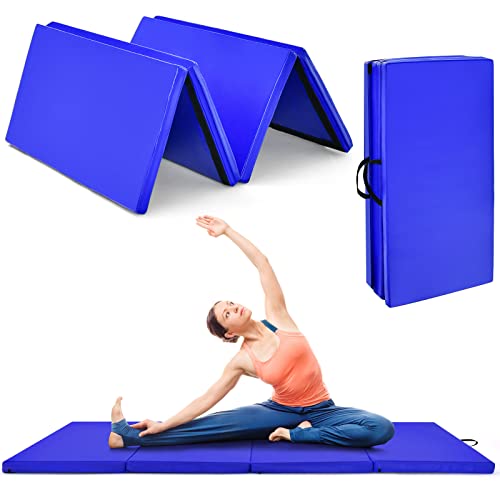 Goplus Gymnastics Mat, Folding Tumbling Mat with Carry Handles, Hook & Loop Fasteners, 4 Panels for Fitness Exercise Yoga Stretching Aerobics Workouts, Thick Gym Mats for Home - color: Navy