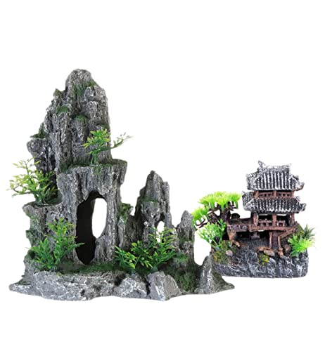 Extra Large Aquarium Decorations kit - “Ancient Temple in The Mountain”, Japanese Aquarium Decorations Resin Aquarium Castle Decorations Aquarium Mountain View Stone