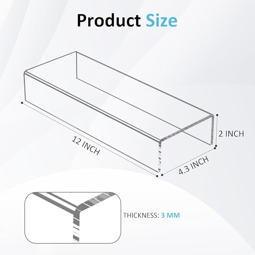 Acrylic Shelf Riser 12x4.3x2 pack of 2, Clear Display Shelf 12” for Shoes, Glasses, Plants, Home Decors, Perfume, 12x4.3x2 Inch