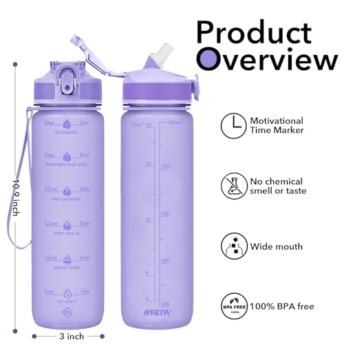 Hyeta Plastic Water Bottle With Straw & Time Marker, 32oz Leakproof Jug - color: Matte Lilac