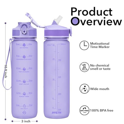 Hyeta Plastic Water Bottle With Straw & Time Marker, 32oz Leakproof Jug - color: Matte Lilac