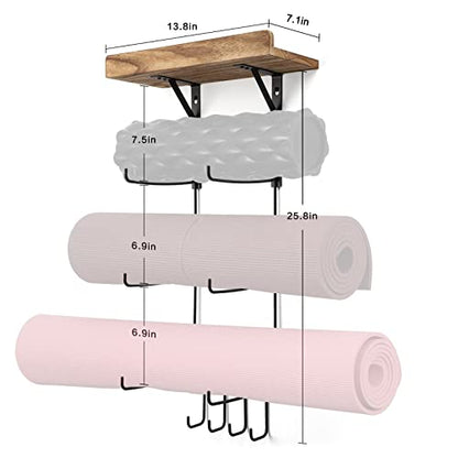 2 PACK Yoga Mat Holder Wall Mount Yoga Mat Storage Shelf Rack Home Gym Accessories with Wood Floating Shelves and 4 Hooks for Hanging Foam Roller and Resistance Bands Home Gym Carbonized Black - color: 2 Pack Carbonized Black