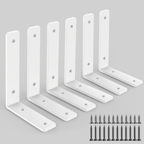 White Shelf Brackets 6 Inch, Rustic Iron L Shelf Bracket,Heavy Duty Industrial Shelf Bracket,White Metal L Brackets for Shelves Support DIY, 6 Pack