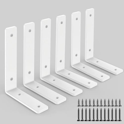 White Shelf Brackets 6 Inch, Rustic Iron L Shelf Bracket,Heavy Duty Industrial Shelf Bracket,White Metal L Brackets for Shelves Support DIY, 6 Pack