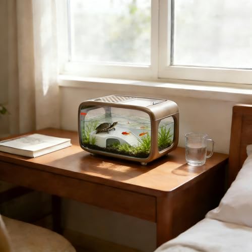 Desktop Fish Tank, 3.17 Gal Fish Tank with Top Feeding Hole, Brown Aquarium with Climbing Frame for Small Fish, Clear View Betta Tank for Home Office, Easy Maintenance (Brown)