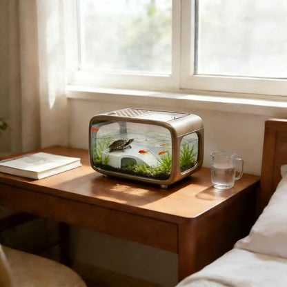 Desktop Fish Tank, 3.17 Gal Fish Tank with Top Feeding Hole, Brown Aquarium with Climbing Frame for Small Fish, Clear View Betta Tank for Home Office, Easy Maintenance (Brown)