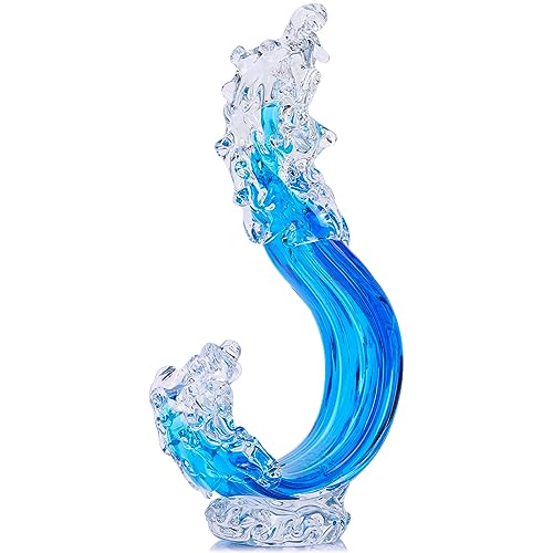 Blue Glass Beach House Decor, Hand Blown Ocean Wave Decorate, Tall Blue Glass Sculpture Home Decor, Ocean Wave Fused Art Figurines, for Sea Art Beach Coastal Nautical Office Surfers Gifts