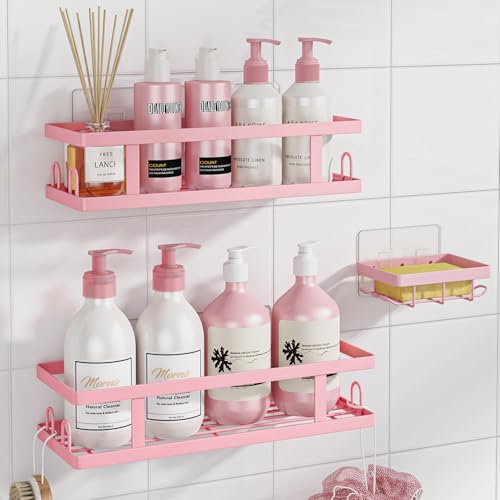Adhesive Shower Caddy,Shower Shelves with Soap Holder and 12 Hooks,No Drilling Bathroom Organizer and Storage,Pink,3 Pack - color: Pink, size: Standard