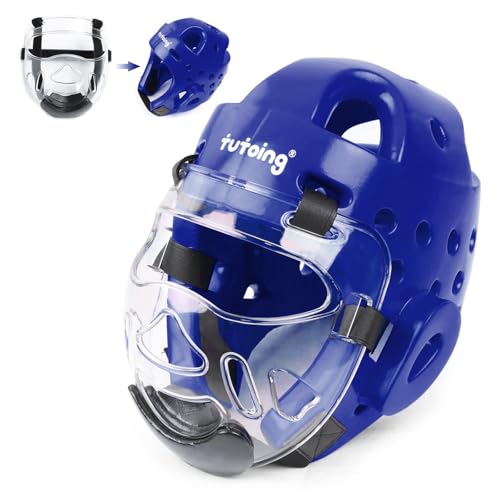 Kids Adults Taekwondo Helmet Karate Headgear with Removable PC Face Shield Eva High-Density Foam Multiple Vents for Sparring Grappling Muay Thai Kickboxing MMA Karate Taekwondo Training - color: Blue, size: Medium