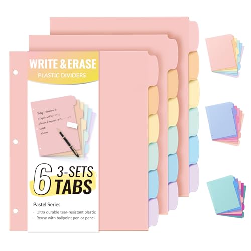 Sooez 6-Tab Durable Plastic Write & Erase Big Tab Dividers for 3 Ring Binder, Aesthetic Cute Binder Dividers for Student, Teacher, Office, Home Organizers, 3 Sets - color: Pastels, size: 3set