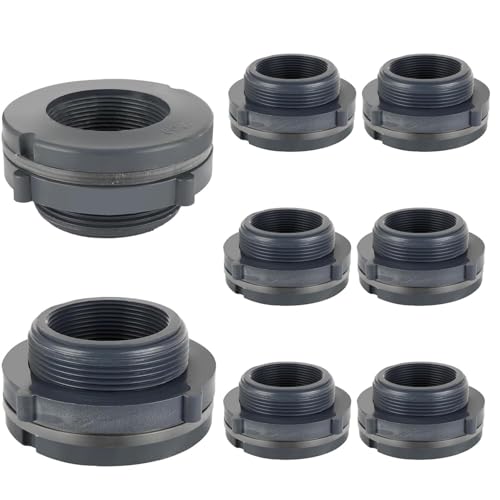 8PCS Bulkhead Fitting 2 inch Double Threaded Bulkhead Water Tank Connector PVC Bulkheads Fitting Threaded Thru-Bulk Pipe Fittings for Rain Barrels, Aquariums, Ponds, Water Tanks
