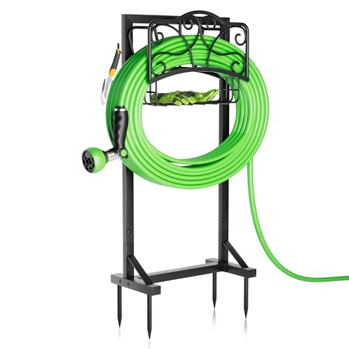 Heavy-Duty Garden Hose Holder with Storage Basket and Tool Hooks, Stable Hose Hanger Metal Garden Hose Storage Holds 160Ft, Rustproof Freestanding Water Hose Holder for Outside,Yard,Lawn,Farm - size: Holder+Basket 42.1in
