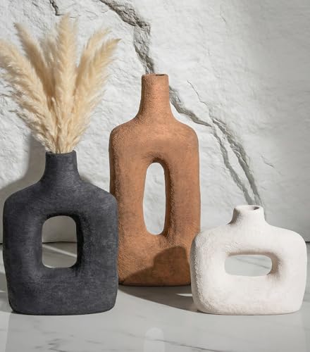 DREAMLOOM Ceramic Vase Set of 3, Modern Rustic Flower Vases for Pampas Grass, Dried & Fresh Flowers, Farmhouse Decorative Vase for Living Room Bedroom Kitchen Shelf Centerpiece, Rust
