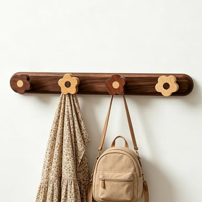 Kids Coat Rack Wall Mount - Wood Cute Flower Coat Hooks for Hanging Clothes,Purse,Robe,Towels,Backpack,Modern Decorative Walnut Wall hooks Heavy Duty Hanger for Girls Nursery,Bathroom,Entryway&Bedroom - size: SH-4 Hooks