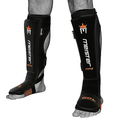 Meister Edge Leather Shin & Instep Guards w/Gel Padding (Pair) - BK - S/M | Ergonomically Designed and Gel-Enhanced, contoured high-density impact protection for MMA, Muay Thai and combat sports