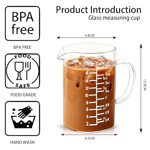 BCnmviku Graduated Glass Measuring Cup 16Oz/2Cups/500ml Easy to Read V-Shaped Spout - High Borosilicate Glass Measuring Cup for Kitchen or Dining (BC-500-oz)