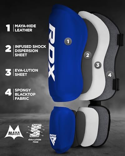 RDX Shin Guards Kickboxing Muay Thai, SATRA SMMAF Approved, Premium Maya Hide Leather, Leg Instep Protection Pads, MMA Martial Arts Kicking Sparring Training Gear, BJJ Karate Boxing Taekwondo, Black - color: Blue, size: Small