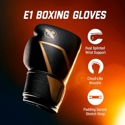 Hayabusa E1 Boxing Gloves for Men and Women - color: Black/Gold, size: 10oz