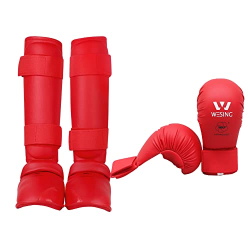 WESING Karate shin and Instep Guard Karate Gloves Approved by WKF - color: red, size: Medium