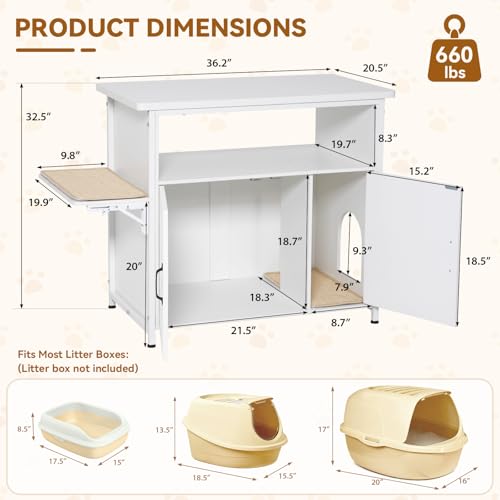 40-50 Gallon Fish Tank Stand with Hidden Cat Litter Box Enclosure Furniture, Cat Viewing Aquarium Stand with Storage Shelf & Side Cat Perch, 36.2"x20.5" Tabletop, 660 LBS Capacity