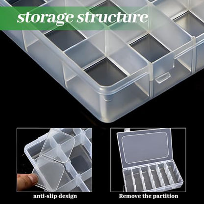 24 Grids Plastic Organizer Box with Removable Dividers Clear Multi Compartment Storage Container Small Crafts Organizer Box for Beads Jewelry Tackles Nail Charm Button Sticker (1Pcs)
