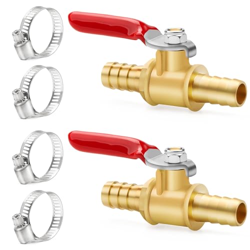 ChillWaves Brass Mini Ball Valve, Shut Off Switch Ball Valve 1/8" Barb with Hose Clamp for Water Air Systems(2-PACK)