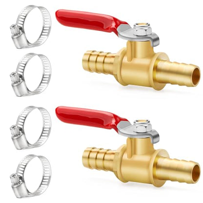 ChillWaves Brass Mini Ball Valve, Shut Off Switch Ball Valve 1/8" Barb with Hose Clamp for Water Air Systems(2-PACK)