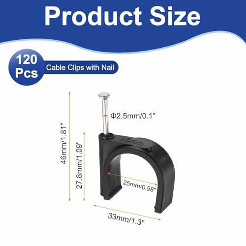 HARFINGTON 120pcs Cable Clips with Nail 25mm ID Circular Single Half Clamp J-Hook with Nail Cord Clips for Wires on Wall for Ethernet Tacks Coax Pex Tubing Pipe Support, Black - size: 25mm ID