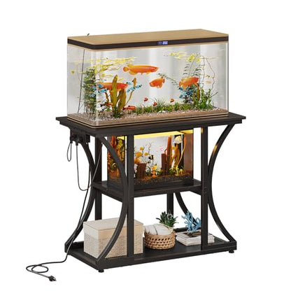 50 Gallon Aquarium Stand with Power Outlets Fish Tank Stand with 3-Tier Storage Shelves Display Stand for Turtle Tank Shelves Metal Frame Stand for Living Room Office Entryway(Black)