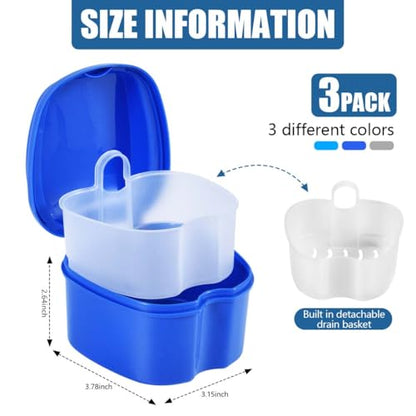 KISEER 3 Pack Colors Denture Bath Case Cup Box Holder Storage Soak Container with Strainer Basket for Travel Cleaning (White, Blue, Light Blue) - color: White, Blue, Light Blue