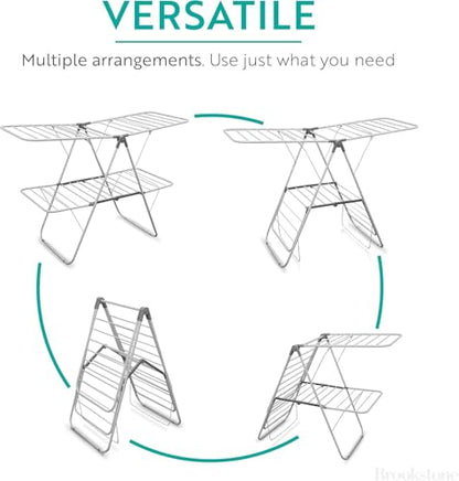 Brookstone 2 Tier Folding Rack - Indoor/Outdoor Collapsible Clothes Dryer Stand Laundry or Shoe Rack, Heavy Duty Freestanding Garment Hanger, Foldable, Clothing Drying Rack, White - color: White