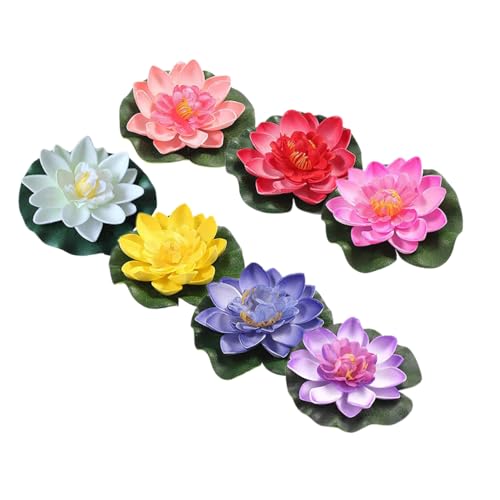7pcs Artificial Lotus Pool Decor 10cm Floating Fake Lotus Flowers with Water Lily Pads Multi-Color Pond Ornament for Garden Fountain and Outdoor Water Surface Display