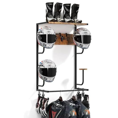 Motorcycle Helmet Holder Wall Mounted, Helmet Wall Mount with 4 Hat Stands and 4 Hooks, Motorcycle Gear Rack for Most of Helmet and Clothes, Motorcycle Accessories Gear Storage for Men