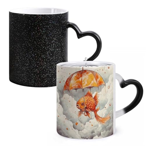 Fish Umbrella Color Changing Mug Heat Sensitive Coffee Mug Magical Ceramic Coffee Cup Personalized Tea Cup Message Appears As It Heats Novelty Gift for Family Friend