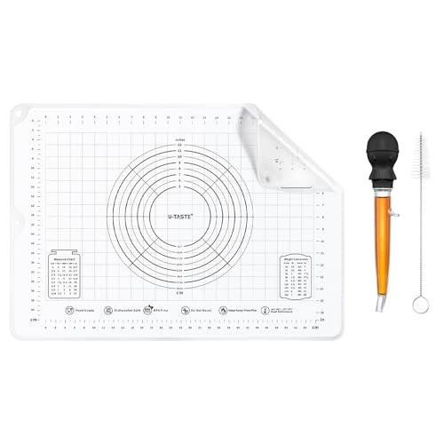 U-Taste 228.2℉ Heat Resistant Food Grade 1.5oz Angled Turkey Baster, and 20inx28in Large Silicone Pastry Mat Food-Grade Non-Stick Dough Rolling Mat (Black+Transparent)