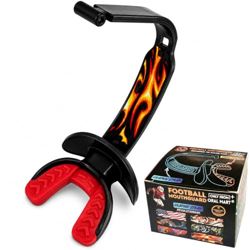 ORAL MART 2026 Youth Football Mouthpiece for Kids - Football Pacifier Mouth Guard with Graphic Permanent Strap (Dual-Color) - Lip Guard Mouth Guard (for Braces) - Instant Fit (No Boil) - color: Battle Blaze